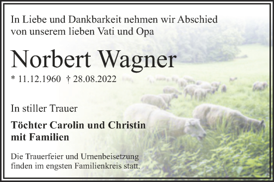 Traueranzeige von Norbert Wagner von Trauerkombi Wittenberg