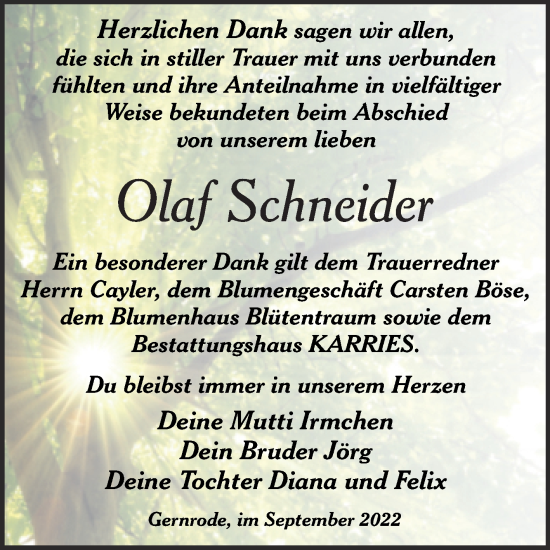Traueranzeige von Olaf Schneider von Trauerkombi Quedlinburg
