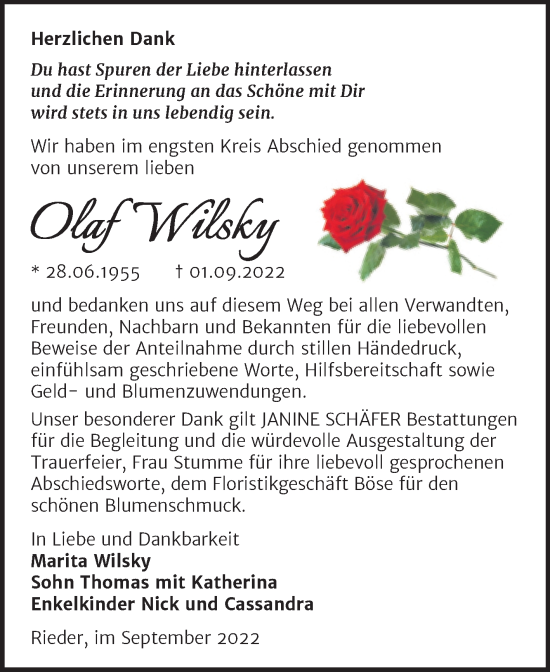 Traueranzeige von Olaf Wilsky von Trauerkombi Quedlinburg