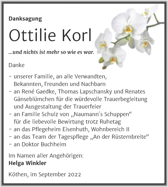 Traueranzeige von Ottilie Korl von Trauerkombi Köthen