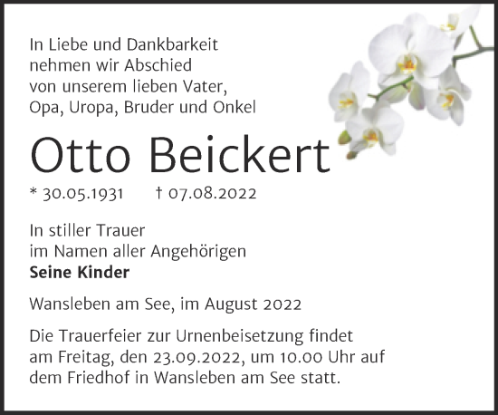 Traueranzeige von Otto Beickert von Trauerkombi Mansfelder Land