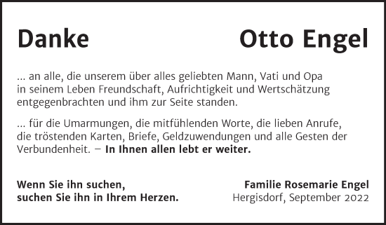 Traueranzeige von Otto Engel von Trauerkombi Mansfelder Land