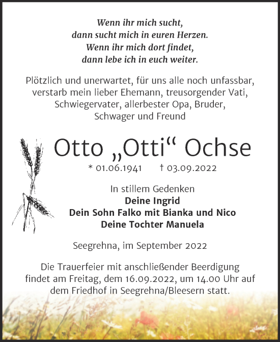 Traueranzeige von Otto Ochse von Trauerkombi Wittenberg