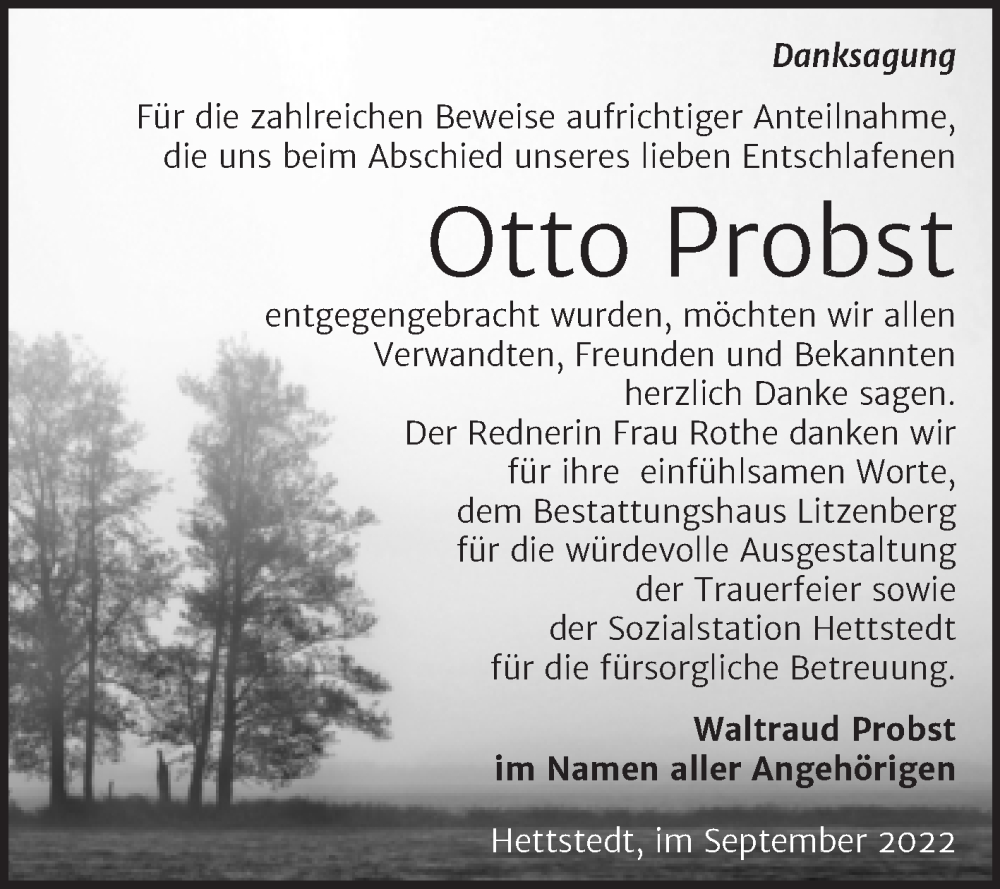  Traueranzeige für Otto Probst vom 10.09.2022 aus Trauerkombi Mansfelder Land