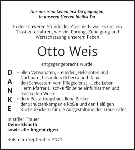 Traueranzeige von Otto Weis von Trauerkombi Sangerhausen