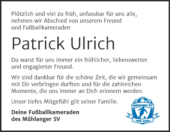 Traueranzeige von Patrick Ulrich von Super Sonntag Wittenberg