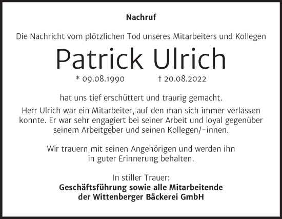 Traueranzeige von Patrick Ulrich von Super Sonntag Wittenberg