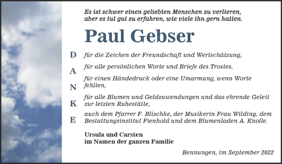 Traueranzeige von Paul Gebser von Trauerkombi Sangerhausen