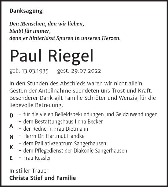 Traueranzeige von Paul Riegel von Trauerkombi Sangerhausen