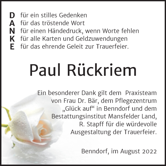 Traueranzeige von Paul Rückriem von Trauerkombi Mansfelder Land