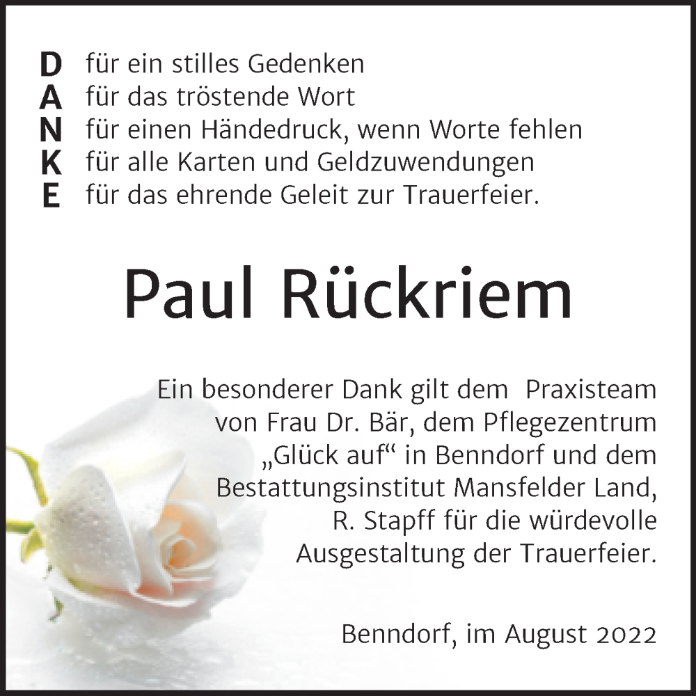  Traueranzeige für Paul Rückriem vom 02.09.2022 aus Trauerkombi Mansfelder Land