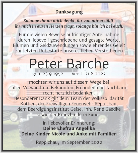 Traueranzeige von Peter Barche von Trauerkombi Köthen