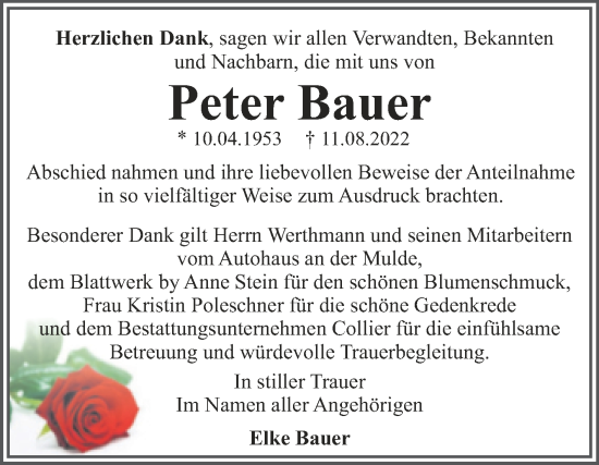 Traueranzeige von Peter Bauer von Trauerkombi Dessau
