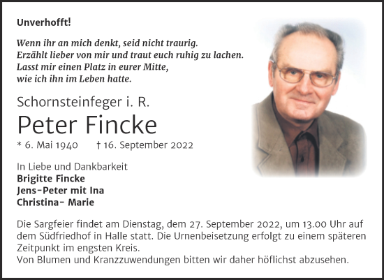 Traueranzeige von Peter Fincke von Mitteldeutsche Zeitung Halle/Saalkreis