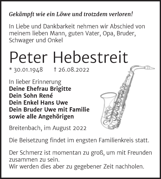 Traueranzeige von Peter Hebestreit von Trauerkombi Zeitz