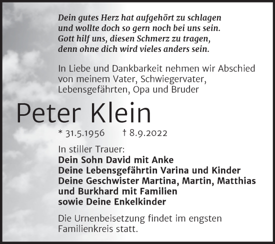 Traueranzeige von Peter Klein von Trauerkombi Weißenfels