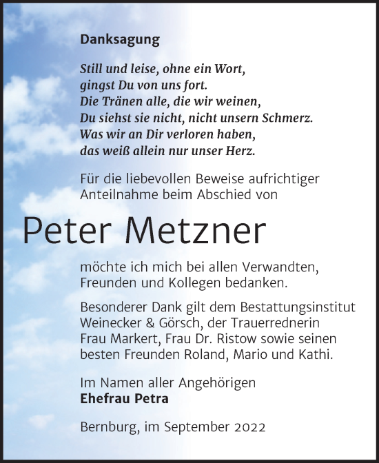 Traueranzeige von Peter Metzner von Trauerkombi Bernburg