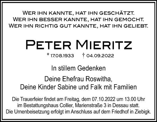 Traueranzeige von Peter Mieritz von Trauerkombi Dessau