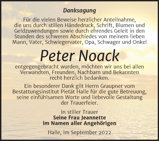 Traueranzeige von Peter Noack von Mitteldeutsche Zeitung Halle/Saalkreis