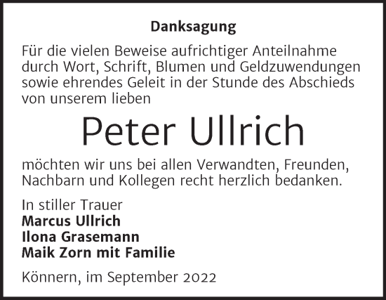 Traueranzeige von Peter Ullrich von Trauerkombi Bernburg