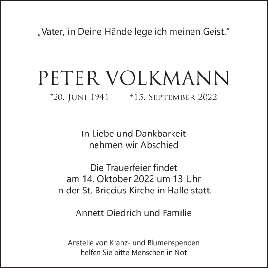 Traueranzeige von Peter Volkmann von Mitteldeutsche Zeitung Halle/Saalkreis