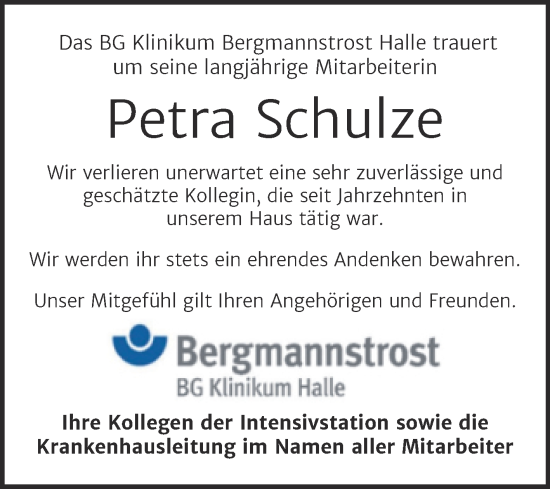Traueranzeige von Petra Schulze von Mitteldeutsche Zeitung Halle/Saalkreis