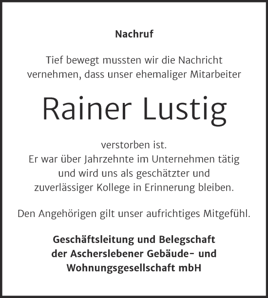 Traueranzeige von Rainer Lustig von Super Sonntag Aschersleben