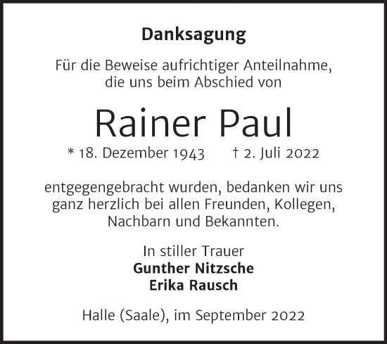 Traueranzeige von Rainer Paul von Mitteldeutsche Zeitung Halle/Saalkreis