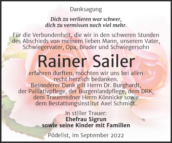 Traueranzeige von Rainer Sailer von Wochenspiegel Naumburg/Nebra