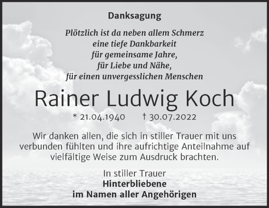 Traueranzeige von Rainer Ludwig Koch von Trauerkombi Mansfelder Land