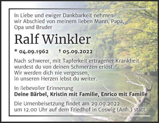 Traueranzeige von Ralf Winkler von Trauerkombi Wittenberg