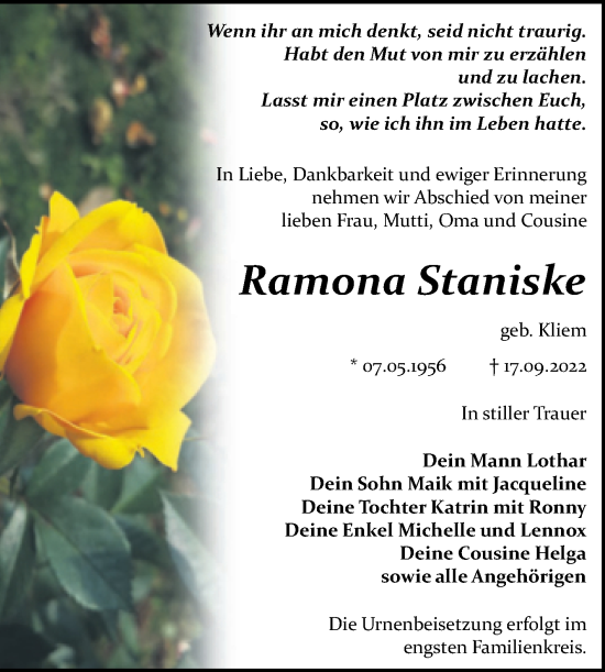 Traueranzeige von Ramona Staniske von Trauerkombi Bitterfeld