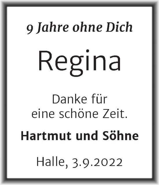 Traueranzeige von Regina  von Mitteldeutsche Zeitung Halle/Saalkreis