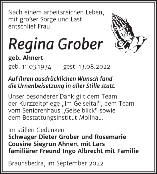 Traueranzeige von Regina Grober von Trauerkombi Merseburg