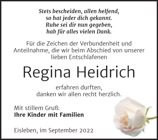Traueranzeige von Regina Heidrich von Trauerkombi Mansfelder Land