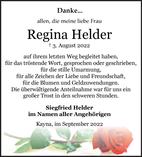 Traueranzeige von Regina Helder von Trauerkombi Zeitz