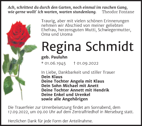 Traueranzeige von Regina Schmidt von Trauerkombi Merseburg
