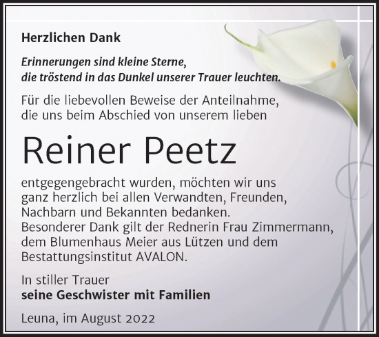 Traueranzeige von Reiner Peetz von Trauerkombi Merseburg
