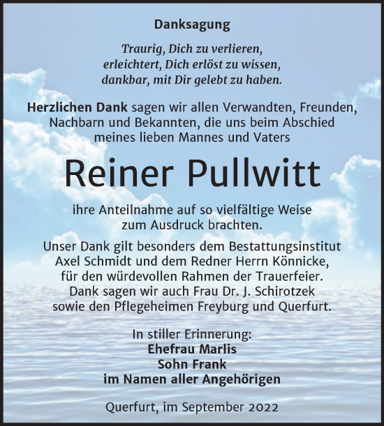 Traueranzeige von Reiner Pullwitt von Trauerkombi Merseburg