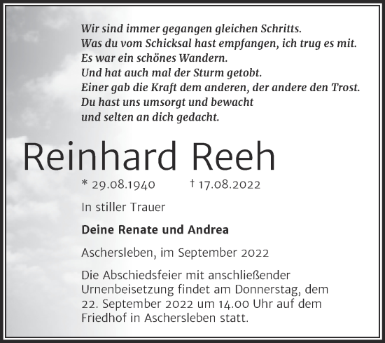 Traueranzeige von Reinhard Reeh von Trauerkombi Aschersleben