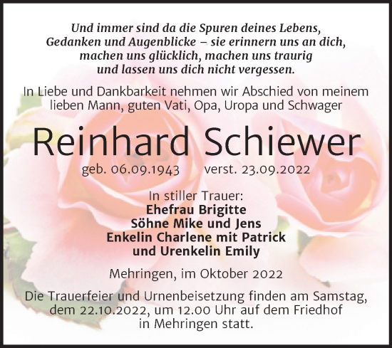 Traueranzeige von Reinhard Schiewer von Trauerkombi Aschersleben