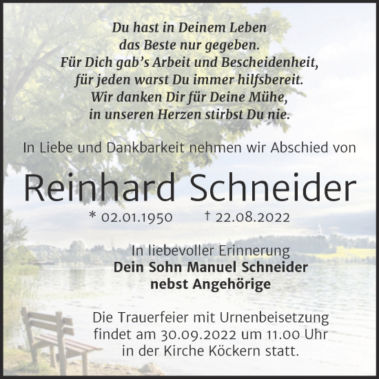 Traueranzeige von Reinhard Schneider von Trauerkombi Bitterfeld