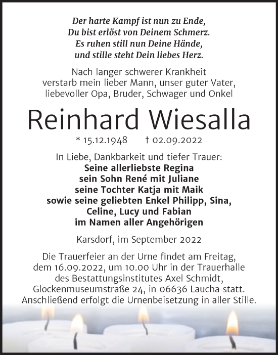 Traueranzeige von Reinhard Wiesalla von Wochenspiegel Naumburg/Nebra