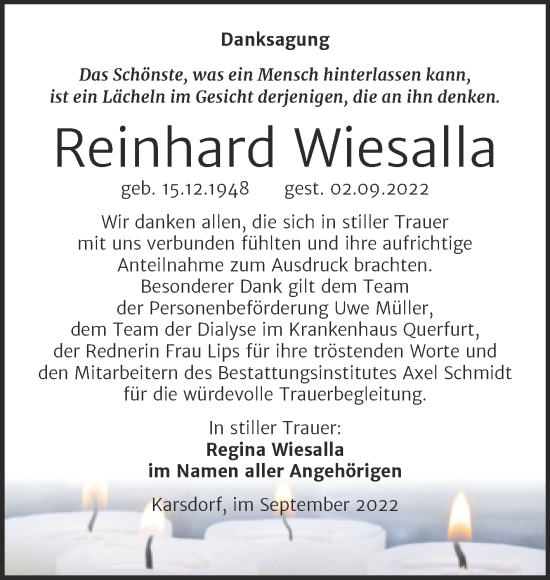 Traueranzeige von Reinhard Wiesalla von Wochenspiegel Naumburg/Nebra