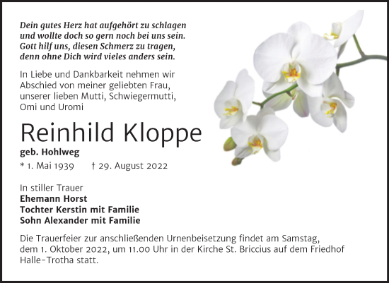 Traueranzeige von Reinhild Kloppe von Mitteldeutsche Zeitung Halle/Saalkreis