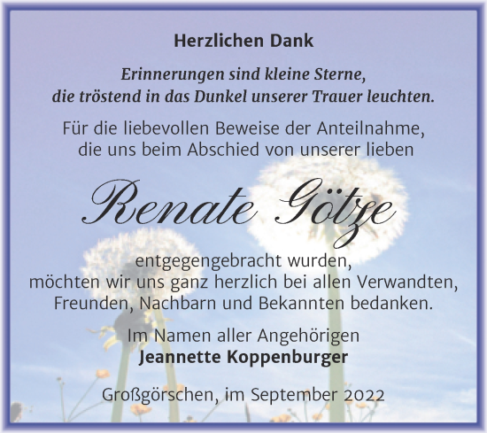 Traueranzeige von Renate Götze von Trauerkombi Weißenfels