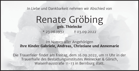 Traueranzeige von Renate Gröbing von Trauerkombi Bernburg