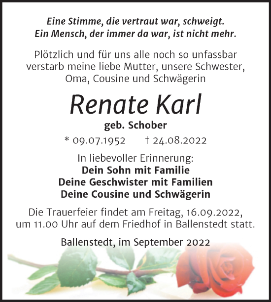 Traueranzeige von Renate Karl von Trauerkombi Quedlinburg