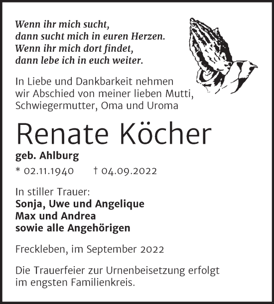Traueranzeige von Renate Köcher von Trauerkombi Aschersleben