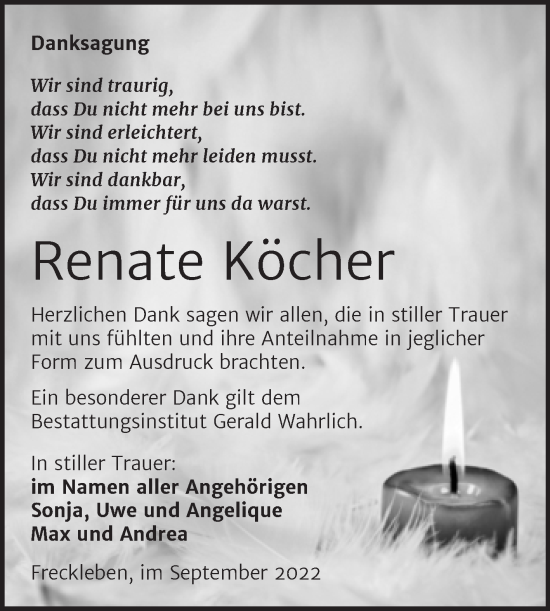 Traueranzeige von Renate Köcher von Trauerkombi Aschersleben